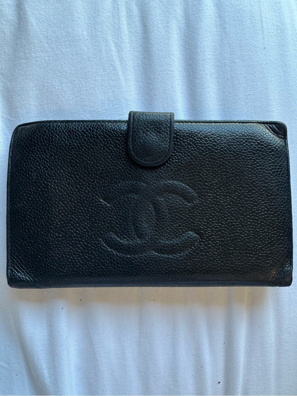 Authentic CHANEL Black Grained Calfskin Leather Long Wallet with Embossed CC